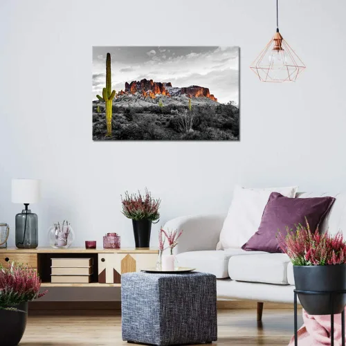 Vista 3 de Biuteawal Superstición Montañas Puesta de Sol Arte de Pared Arizona Desierto Occidental Cactus Paisaje Pinturas de Paisaje Lienzo Impresión
