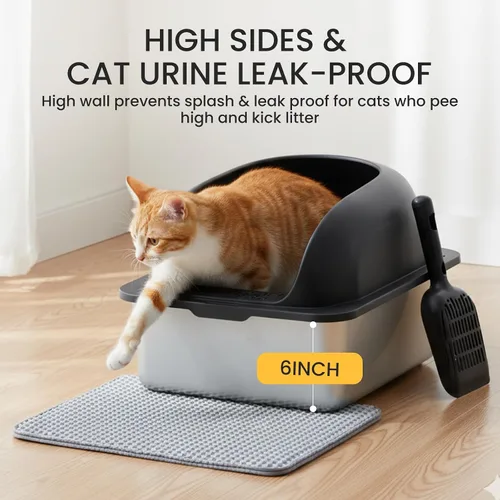 Vista 2 de Simple Deluxe Caja de arena XL para gatos de acero inoxidable con tapa, bandeja de arena de metal de alta cara para gatos grandes, a prueba