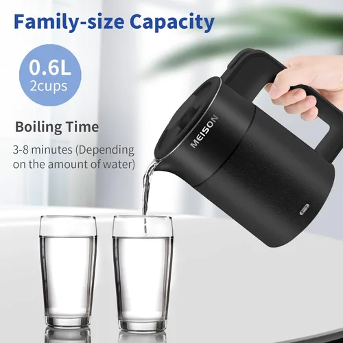 Vista 5 de 0.6L Hervidor Eléctrico Pequeño de Acero Inoxidable, Calentador de Agua Caliente Portátil de Pared Doble, Tetera de Té Mini de Tacto Frío, Apagado