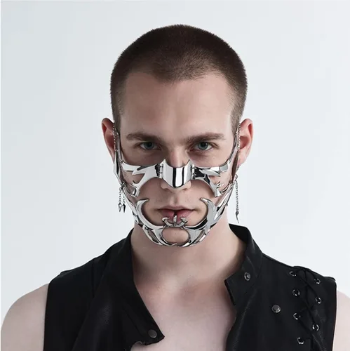 Vista 6 de Máscara mecánica punk para mujeres, accesorios de cara de metal irregulares, máscara de fiesta de Halloween para mujeres y hombres