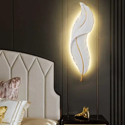 Vista 5 de Lámpara de pared moderna para dormitorio, lámpara de pared LED con diseño de plumas blancas elegante, luz de cuento de hadas, luces de pared de lujo