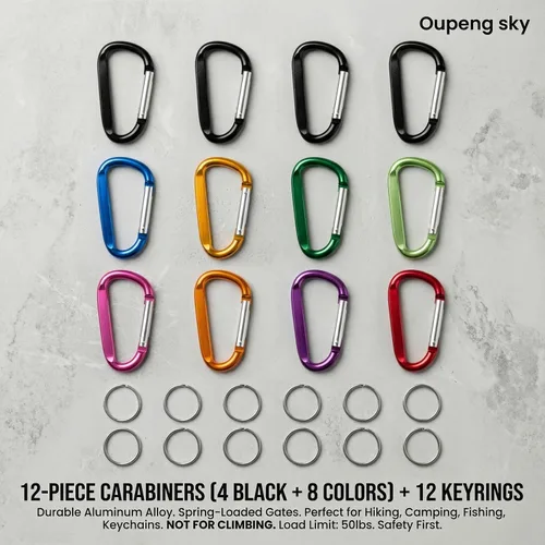 Vista 2 de 12PCS Carabiner Keychain Clip - 3" Aluminum Caribeener Key Clip,D Ring Shape Nonlocking Carabeaner Hook Buckle,Multi-Function Spring Snap Key Clips