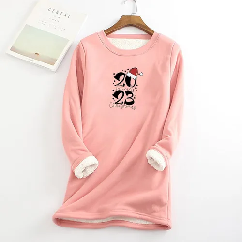 Vista 2 de Sudadera de Navidad familiar 2023 para mujer, de felpa gruesa, cálida, forro polar, manga larga, disponible en tallas grandes