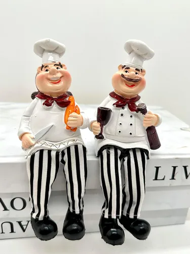 Vista 5 de KiaoTime Juego de 2 figuras de chef para decoración de cocina del hogar, pan y vino con patas colgantes, estatua para estantes de cocina, armario