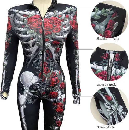 Vista 5 de Fixmatti Disfraz de fiesta de Halloween para mujer, traje de manga larga con estampado de calavera