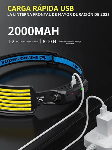 Vista 4 de Smiling Shark - Linterna frontal LED recargable integrada, paquete de 2 unidades de 6 luces blancas de gran angular impermeable con batería sellada