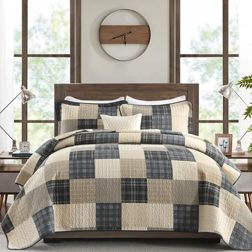 Vista 11 de KALOOLA Colchas de granja tamaño Queen – Juego de ropa de cama acolchado ligero 100% algodón, 3 piezas, colcha a cuadros estampada con 2 fundas