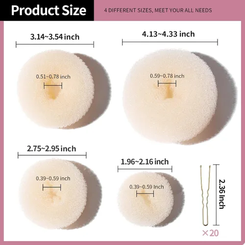 Vista 7 de Teenitor 4 piezas para hacer moños de pelo en forma de dona (extra grande, grande, mediano, pequeño) con horquillas para el cabello, 20