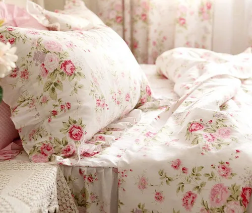 Vista 6 de FADFAY Juego de ropa de cama de algodón desgastado floral tamaño Queen 4 piezas en color azul claro con estampado de hortensias, estilo francés