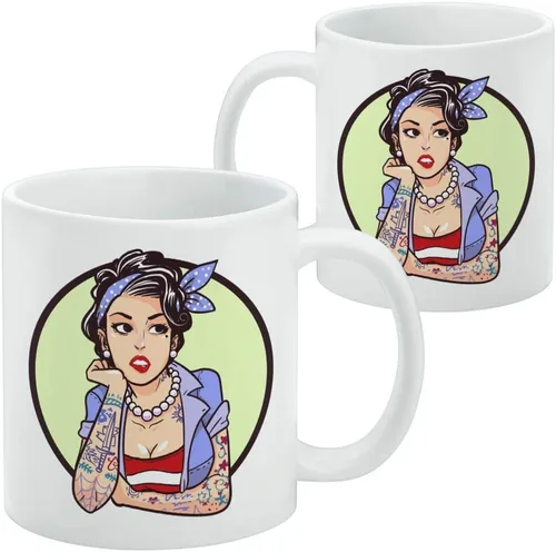 Vista 2 de Rockabilly - Taza de café de cerámica retro Pin Up Girl With Tattoos, novedosa taza de regalo para café, té y bebidas calientes, 11 onzas