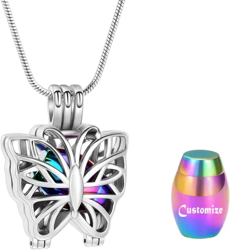 Vista 11 de Collar de urna de mariposa para cenizas, colgante de mariposa, collar de recuerdo de cremación para mujer Negro