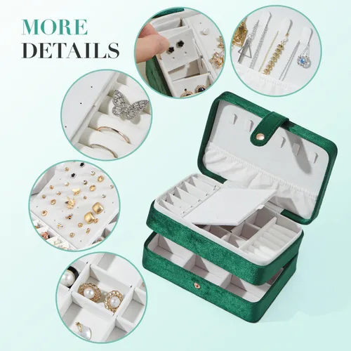 Vista 4 de BUTI4WLD Joyero pequeño de terciopelo para mujeres y niñas, estuche portátil de viaje de doble capa para anillos, colgantes, aretes, collares