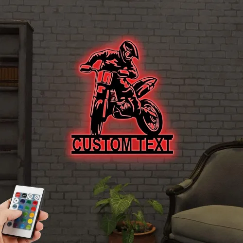 Vista 7 de Arte de pared de metal personalizado para motocross con luz LED, luz nocturna personalizada con nombre de motocross, decoración de lámpara de neón
