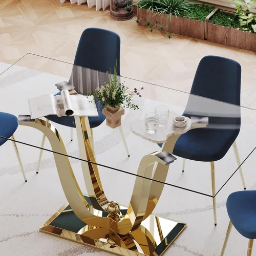 Vista 7 de Mesa de comedor de vidrio de 70 pulgadas para 4-8 personas, parte superior de vidrio templado y base de acero inoxidable en U dorada, escritorio