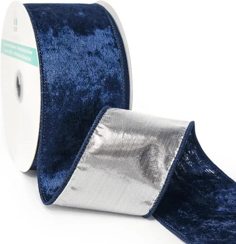 Vista 8 de Cinta de terciopelo negro con alambre y respaldo metálico plateado de 2.5 pulgadas x 10 yardas para adorno de la punta del árbol de Navidad