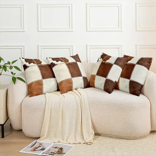 Vista 7 de Feelyou Funda de almohada de piel de vaca, funda de cojín rústica de retazos occidentales para decoración del hogar, sala de estar, funda de cojín