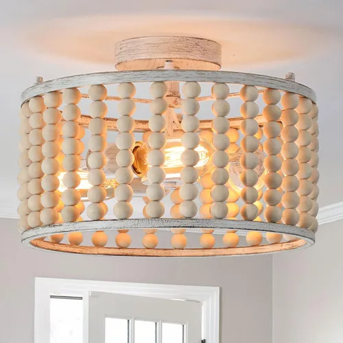 Vista 9 de tewei Candelabro de Cuentas de Madera, Accesorio de Luz de Techo Semi Empotrado Estilo Boho para Cuarto de Bebé, Candelabro Rústico de 3 Luces