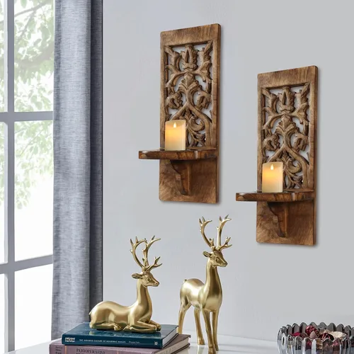 Vista 2 de Juego de 2 apliques de velas rústicos para montaje en pared - Portavelas de pilar de estante flotante de madera, decoración de pared de granja