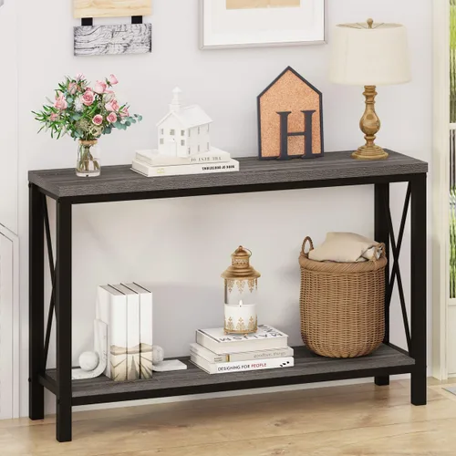 Vista 10 de Mesa de consola rústica detrás del sofá, mesa industrial de entrada con estantes, mesas de sofá de 3 niveles estilo granja para sala de estar, Roble