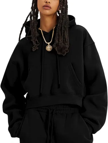 Vista 2 de Dnzzs Sudadera corta con capucha para mujer, sudadera corta de manga larga, forro polar, casual, con bolsillo