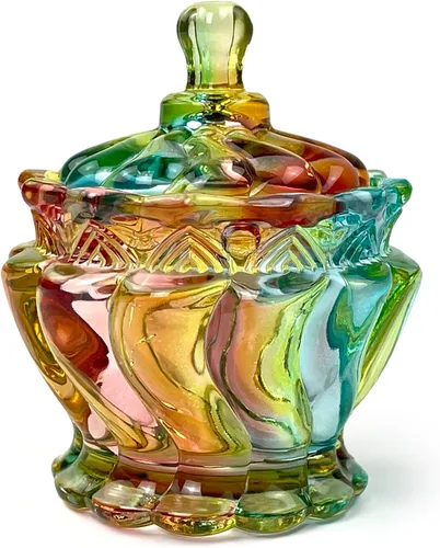 Vista 35 de Tarro de almacenamiento de caramelos de vidrio de cristal colorido con relieve, lujoso recipiente para buffet de galletas con tapas, caja