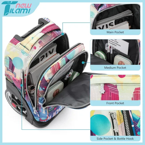 Vista 47 de NEW TILAMI Mochila con ruedas de 19 pulgadas con bolsa de almuerzo para niñas y niños, mochila para laptop con ruedas, bolsa de mano duradera