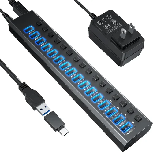 Vista 9 de Hub USB alimentado 3.0, Leinsis Hub USB 3.0 de 10 puertos [aluminio duradero] 10 puertos de transferencia de datos + 4 puertos de carga inteligente
