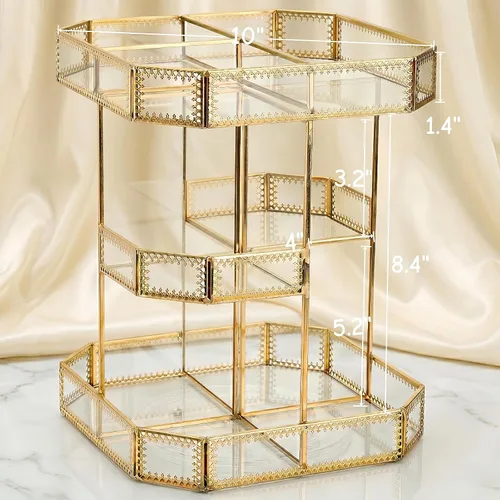 Vista 2 de ZOOFOX Organizador de maquillaje de vidrio giratorio de 360 grados, soporte grande de almacenamiento de cosméticos con ribete dorado para tocador