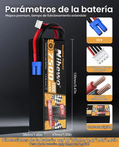 Vista 3 de 3S Lipo Batería 7500mAh 11.1V 100C Hardcase EC5 para RC Coche Barco 2 unids