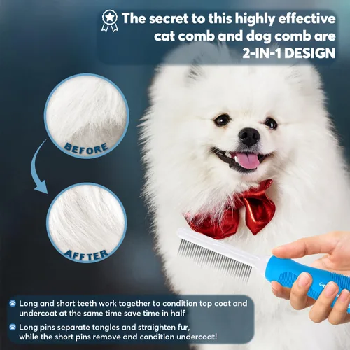 Vista 4 de GENPEPADO Peine de aseo para perros y gatos con dientes finos de metal de acero inoxidable largos y cortos para desenredar el cabello enmarañado