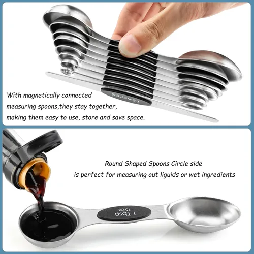 Vista 4 de Juego de 9 cucharas medidoras magnéticas de acero inoxidable de doble cara, cucharadita apilable de doble cara, cuchara medidora para medir