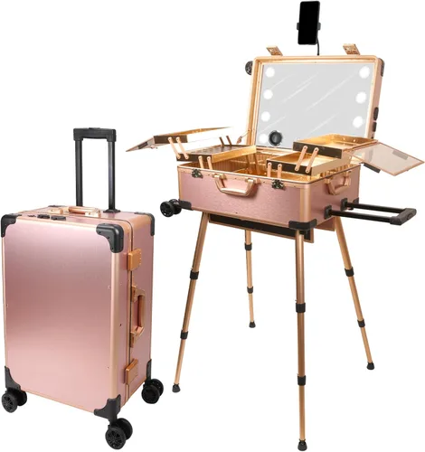 Vista 10 de Estuche de maquillaje rodante con espejo de luz LED, patas ajustables, mesa de tren con cerradura, estudio, artista, cosmética, tamaño de mano