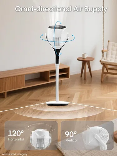 Vista 6 de FOHERE Ventilador de suelo, ventilador de pedestal oscilante de 120°, ventilador inteligente silencioso con luz LED, altura ajustable de 27-46