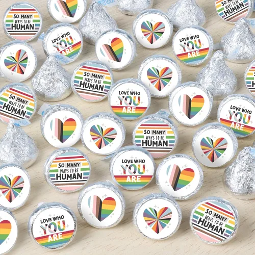 Vista 6 de Big Dot of Happiness So Many Ways to Be Human – Pride Party - Calcomanías redondas para dulces de chocolate (1 hoja de 108) Pride Rainbow Themed