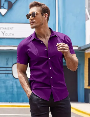 Vista 4 de COOFANDY Camisas de vestir para hombre, sin arrugas, manga corta, casual, con botones