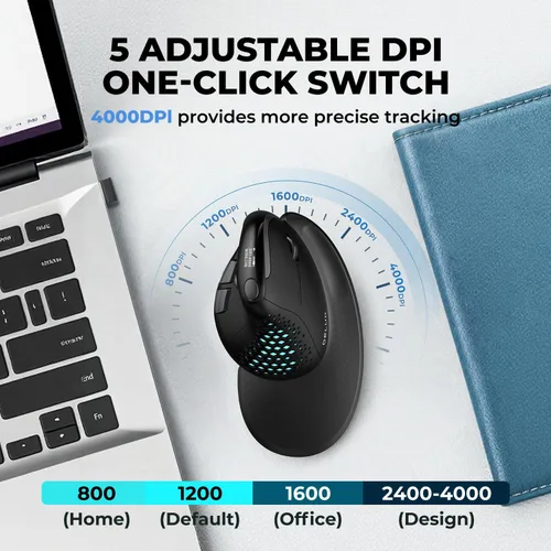 Vista 9 de DELUX Seeker Mouse ergonómico inalámbrico, mouse vertical con pantalla OLED, 6 botones y función de rueda de pulgar, clic silencioso, hasta 7200