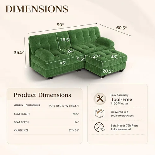 Vista 2 de Sofá modular de gran tamaño de 90 pulgadas con otomana móvil, asiento profundo en forma de L, cómodo sofá de nube de felpilla de 3 asientos modernos