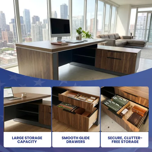 Vista 3 de OfficeSimpli - Escritorio ejecutivo en forma de L con cajones, 64 x 63 x 30 pulgadas, fabricado en Estados Unidos, envío mayormente ensamblado