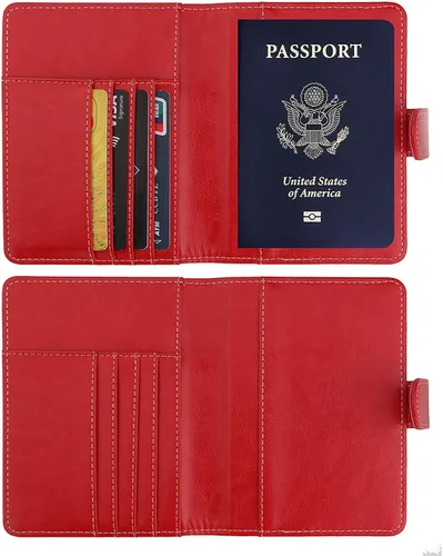 Vista 3 de Funda de piel sintética para pasaporte, con bloqueo RFID, tarjetero para mujeres y hombres, 02 Rojo, Cartera Rfid