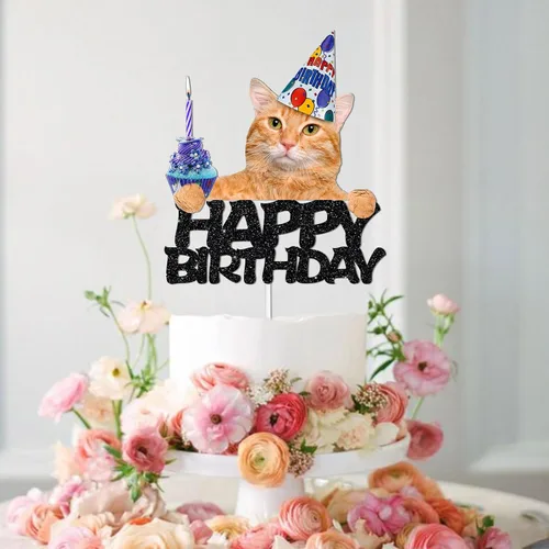 Vista 5 de Decoración de pastel de cumpleaños para gatos, selecciones temáticas de cumpleaños para mascotas, suministros de decoración de fiesta