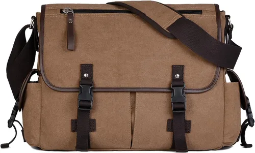 Vista 10 de Bolsa de mensajero vintage de lona para laptop de 15.6 pulgadas para hombres y mujeres, bolsa de hombro para computadora universitaria, maletines