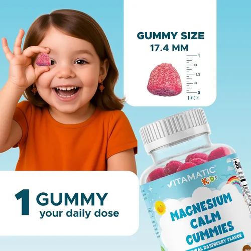 Vista 4 de Vitamatic Gomitas calmantes de magnesio para niños, 60 unidades, veganas, gran sabor, promueven el apoyo saludable, muscular, óseo y energético