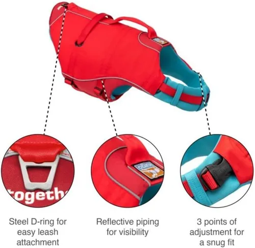 Vista 3 de Kurgo Surf n' Turf Life Jacket, Chili Red, Small Life Vest for Active Water Dogs, 2 Control Handles, 3 Adjustment Points, Reflective Trim, Leash
