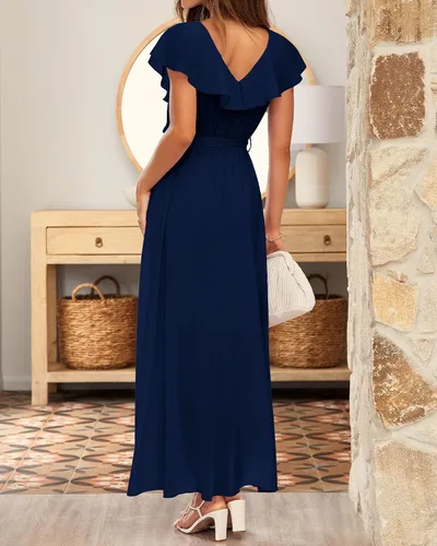 Vista 5 de BTFBM Vestido largo de gasa de verano para mujer, cuello en V profundo, volantes, manga corta, fiesta en la playa, cóctel, vestido cruzado fluido
