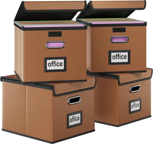 Vista 54 de Caja organizadora de archivos Huolewa con tapa, caja organizadora de carpetas de archivos colgantes de cuero sintético plegable con deslizadores