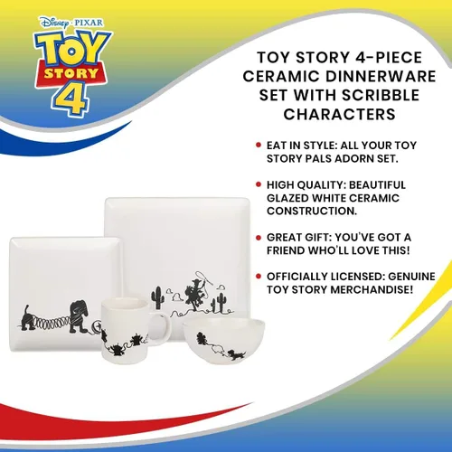 Vista 6 de Toy Story - Juego de vajilla de cerámica de 4 piezas con diseño de garabatos, bonitos dibujos de líneas de personajes, hermosos platos cuadrados