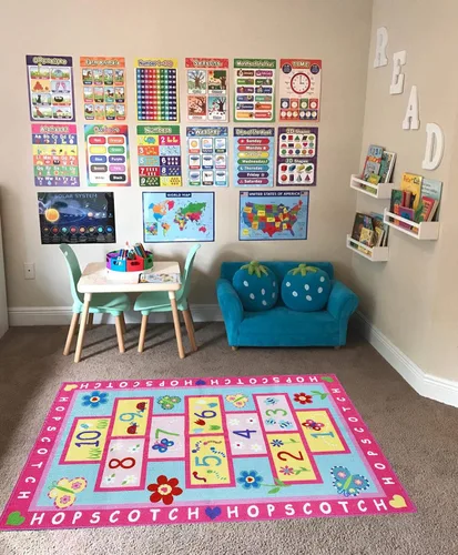 Vista 2 de Alfombra rosa con diseño de remolacha para niñas de 39.4 x 52 pulgadas, educativa para aulas, antideslizante, alfombra de juego para sala