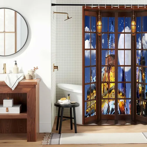Vista 2 de Magic Castle - Cortina de ducha de castillo de cuento de hadas, decoración de baño, tela impermeable con ganchos, 36 x 72 pulgadas