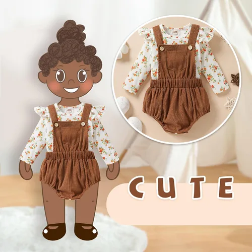 Vista 3 de Tiny Cutey Ropa de bebé recién nacida, mameluco de manga acampanada y overoles de pana, pantalones cortos, trajes de otoño para niña