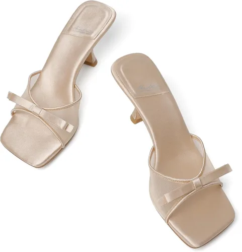 Vista 5 de Mostrin - Sandalias con tacón de gatitos para mujer, con punta redonda con lazo, vintage, sexy, de tacón aguja, sin talón, para fiesta y uso diario